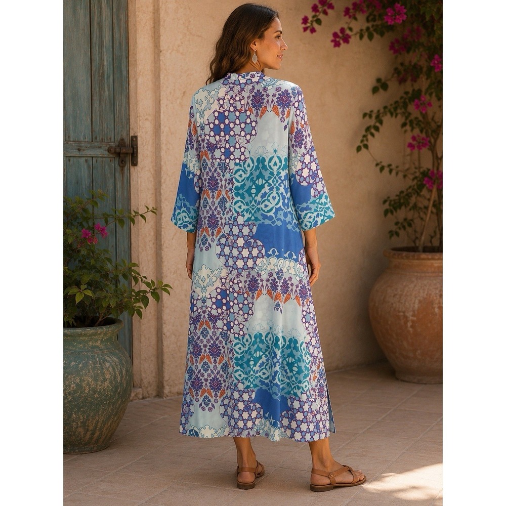 Natori Abstract Floral Blue Kaftan Maxi Dress Womens S Satin Lounge Resort Beach - Picture 4 of 9